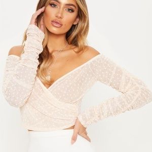 NUDE MESH SHEER RUCHED SLEEVE BARDOT CROP TOP